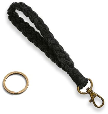 Schlüsselanhänger Schlüsselband Kurz Geflochten Lanyard Schwarz | Baumwollschnur im Makramee-Stil mit Schlüsselring, Länge: 14 cm. Ideal zum Befestigen von Schlüssel Kleinen Zubehör