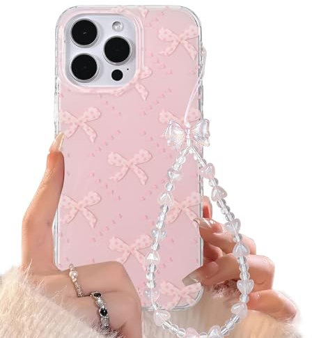 Reownest for iPhone 15 Pro Case with Cute Pink Bowknots diamond Pattern Aesthetic Girly Cover, Soft TPU Bumper Protective Phone Cases for Women Girls + Beaded Bow Chain