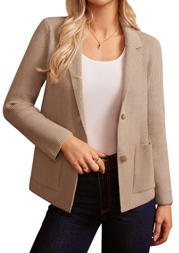 Grace Karin - Blazer da donna, a maniche lunghe, lavorato a maglia, con due bottoni, colletto a revers, business casual, per ufficio, maglione cardigan, cachi, XL