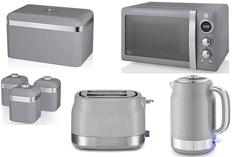 Swan Retro Revive Grey 1.7L 3KW Jug Kettle, 2 Slice Toaster plus Retro 20L 800W Digital Microwave, Bread Bin & Tea Coffee Sugar Canisters – Matching Vintage Design Grey Kitchen Set of 7