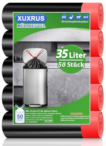 XUXRUS Bolsas Basura 35L Negras Con Cordon, 50 Uds | Bolsas Reforzadas, Antidesgarro, Antifugas, Sin Olor, 60x70cm, Cierre Fácil, Ideales Para Uso Diario