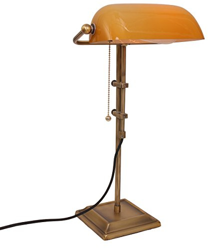 Christoph Palme Bankerlampe Bronze mit Zugschalter – E27 Tischleuchte höhenverstellbar 48–57 cm – gelb-orangefarbener Glasschirm - 7735BR