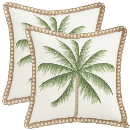Tosleo Juego de 2 fundas de cojín de verano de 45 x 45 cm, diseño de árbol de palma verde con bordes cerrados, para sofá, dormitorio, granja, salón, decoración