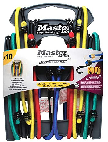 Master Lock Gummi-Spannseile mit Haken,Set mit 10 Spannseilen, 2 x 25 cm + 2 x 45 cm + 2 x 60 cm + 2 x 80 cm + 2 x 100 cm, Doppelter Invershaken, 3043EURDAT