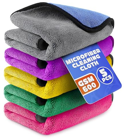 5 Pcs Thick Microfiber Cleaning Cloth – Dual-Layer Cleaning Rags, High-Tensile GSM 600 Fabric, Crafted for Effective Use – 11.8x11.8 Inches Microfiber Towels for Car Detailing, Window, Glass and House