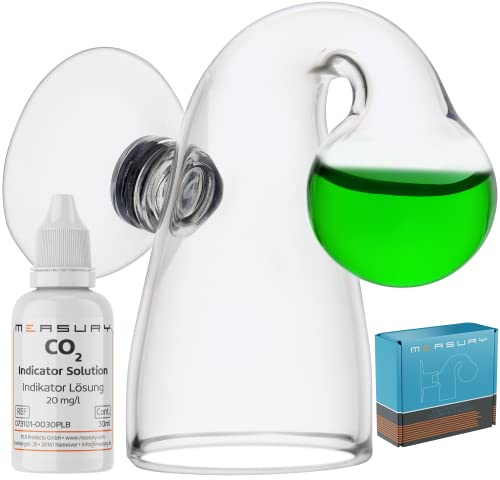 Measury CO2 Dauertest Aquarium mit 30 ml Testflüssigkeit 20 mg/l - CO2 Test | Drop Checker aus Borosilikatglas mit extra starkem Saugnapf, CO2 Tester