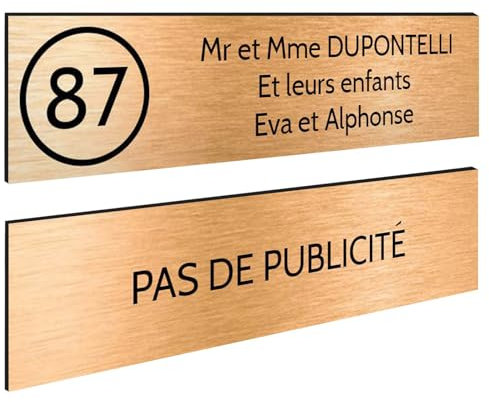 DECOHO - Plaque Boite aux Lettres Personnalisable - Lot de 2 plaques adhésives en Plastique 100x25 mm - Cuivre brossé et Stop pub - Gravu - Cuivre
