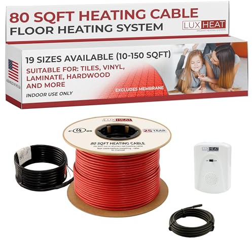 LuxHeat 80sqft Floor Heating Cable Kit - 120v Radiant Floor Heat System for Tile, Vinyl, Laminate - Easy to Install Heated Flooring System Includes Underfloor Heating Cable, Alarm & Flooring Sensor