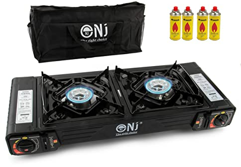NJ DS-22 Camping Gas Stove Double Burner Portable Outdoor Cooker Carry Bag Butane BBQ+Canisters (Stove + 4 Canisters)