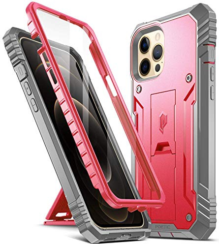 Poetic Revolution Series for iPhone 12 Pro Max 6.7 inch Case, Shockproof Heavy Duty Dual Layer Protective Case with Kickstand and Built-in Screen Protector, Pink