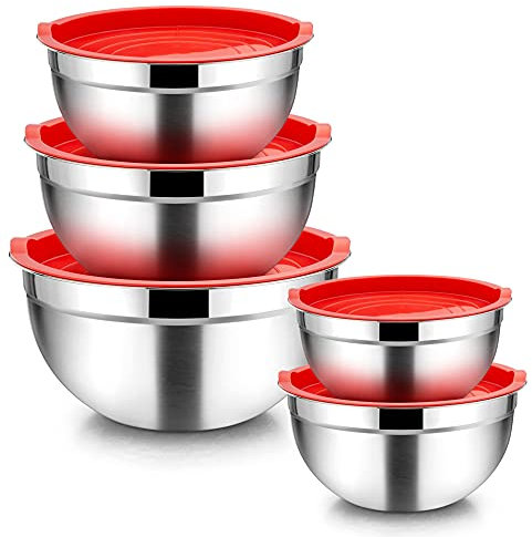 Homikit Rührschüssel 5er Set, Edelstahl Schüssel Salatschüssel Set mit Deckel für Küche, Stapelbar, Vielseitigkeit, Spülmaschinenfest, 4.5 L / 2.7 L / 1.5 L / 1.2 L / 0.7 L, Rot