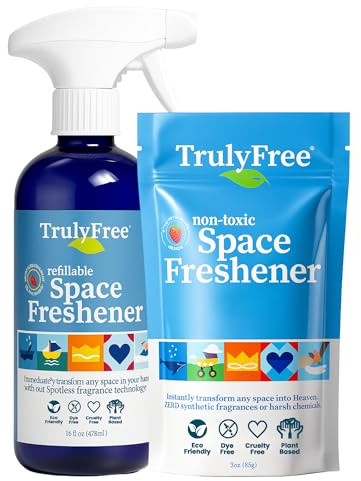 Truly Free Space Freshener Starter Kit, Lemongrass Essential Oil - Car and Air Fresheners for Home, Natural Odor Eliminator Room Spray, 12 oz Empty Bottle + One (3 oz) Fill - No Synthetic Fragrances