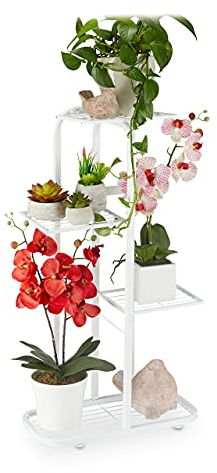 Relaxdays Blumentreppe Metall, 4-stufige Blumenetagere, draußen & drinnen, HBT: 81 x 44 x 24,5 cm, Pflanzenregal, weiß