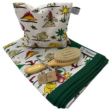 Baby care set: grape seed pillow with replaceable cover, three-tower baby nail scissors, goat hair brush and cotton blanket 100 x 70 cm (dinos white)