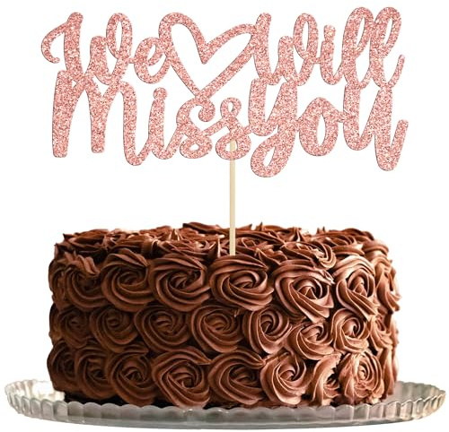 Gyufise 1Pcs We Will Miss You Cake Topper for Job Change Farewell Retirement Graduation Party Cake Decorations Rose Gold Glitter