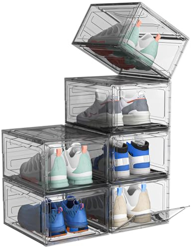 ARSTPEOE Schuhboxen, 6er Shoe Box, Schuhboxen Stapelbar Transparent, Schuhorganizer mit magnetischer Tür, Schuh-Vitrine.(Schwarz