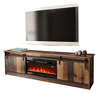 Mirjan24 TV Schrank mit Elektrischem Kamin Otemna, TV Lowboard, Fernsehschrank, Realistische LED-Flamme, Elektrischer Kamin mit Heizung (Old Wood)