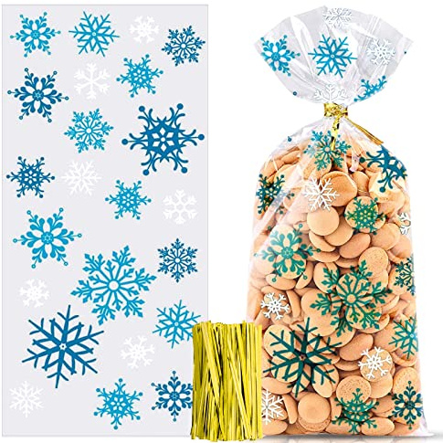 100 Piezas Bolsas de Celofan Navidad, Bolsa Transparente de Dulces de Galletas Navideñas, Bolsa de Regalo de Bolsa de Celofán de Navidad con 100pcs Lazos de Torsión (Azul y blanco)