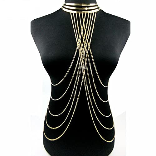 LUMoony Damen-Bodysuit Körperkette Kettenschmuck Gold Sexy Körperkette Körper Kette Kettenschmuck Strass Partykette mehrschichtig Lange Brustkette Körper Bauch Schmuck BH Kette(Gold)