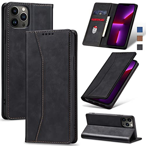 Jasonyu Handyhülle für iPhone 13 Pro Max, PU Leder Flip Klapphülle, Schwarz | Magnetische Schutzhülle, Ständer, Kartenfächern, Klappbar, Stoßfeste TPU Stoßsicher Hülle