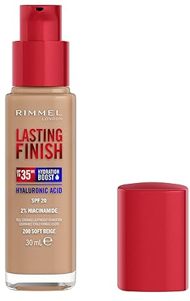 Rimmel Lasting Finish 35Hr Foundation 200 Soft Beige, Full Coverage, Hydrating, SPF20, Hyaluronic Acid, Vitamin E, 2% Niacinamide, All Day Wear, Vegan, Cruelty Free