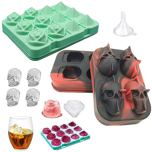 zhongguoqiaomao 2 Pcs Molde para hielo de silicona 3D Rosas Diamantes calavera Forma sin BPA Ideal para Whisky CóCteles Cerveza Jugos Dulces de Chocolate