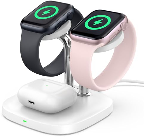 SwanScout Doppel Watch Ladestation für Apple Watch 11, SwanScout 704A, 3.3W Schnell Ladestation Kompatibel mit Apple Watch Ultra 3/SE 3/10/9/8, kabelloses Ladegerät Station für Airpods (ohne Adapter)