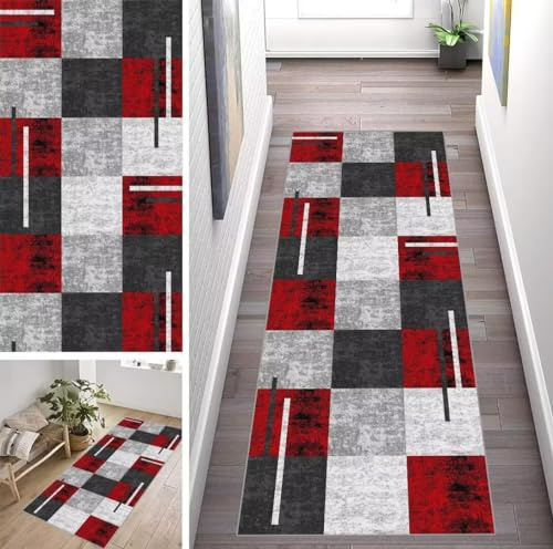 ZUZEKU Läufer Flur Küche Waschbar rutschfest 60X180cm Modern Geometrisches Muster Rot und Grau Lang Küchenteppich Flurteppich Teppich Fur Korridor Wohnzimmer Schlafzimmer Meterware Anpassbar