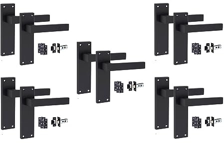 Golden Grace Victorian Straight Delta Door Handles, 5 Sets, Matt Black | Includes 150mm x 40mm backplates, 3-inch ball bearing hinges, and 64mm tubular latches for internal wooden doors.