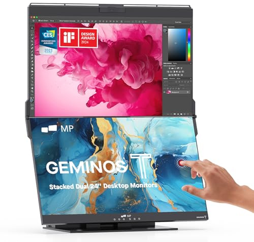 MP Mobile Pixels 2023 Geminos-T Dual 24 Stacked Computer Monitors, 1920 x 1080 Pixels, Touchscreen Monitor, Built-In Webcam, Windows/Mac/PC/Android Compatible