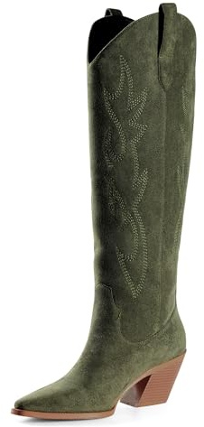 iiimmu Western Boots for Women Knee High Pointed Toe and Chunky Low Heel Cowboy Suede Boots with Embroidered, Green, Size 9.5
