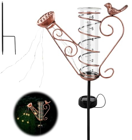 YANGUN Regenmesser für Garten Frostsicher, Niederschlagsmesser mit Erdspieß und Licht, Outdoor Regenmesser Glas Regenwassermesser, Solarenergie Regenmesser Glas für Garten,Rasen,Terrasse (Eisenkessel)