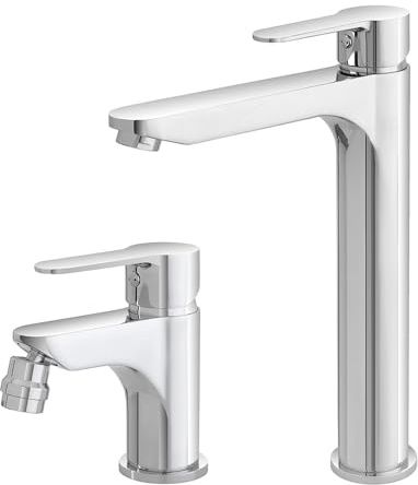 Set miscelatori lavabo alto e bidet con scarico click-clack incluso, in ottone cromato con leva monocomando, ZOE
