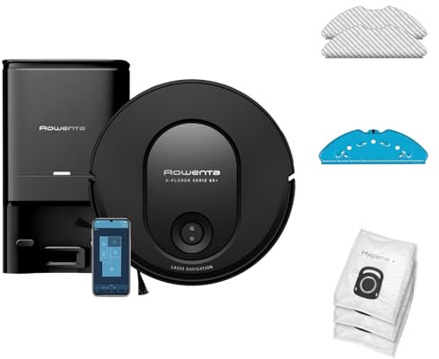 Rowenta Robot Aspirapolvere X-PLORER Serie 65+, Robot Aspirapolvere Lavapavimenti con Navigazione Laser, Sistema Smart Aqua Power e Controllo da Remoto, 168 Min Autonomia, Potenza 2300 PA, RR8L85