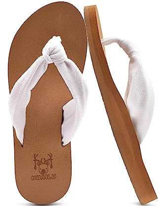 KuaiLu Flip Flops Damen Weich Stoff Zehentrenner Frauen Bade Sandalen Bequeme Füße Badelatschen Yoga Matte Fussbett Sommer Strand Zehensandalen Rutschfest Gummi Indoor Outdoor Weiß Khaki 38