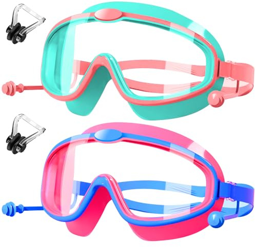 HINATAA Occhialini Nuoto Bambini con tappi per le orecchie,Occhiali Subacquei immersione Bambino con clip per il naso,Anti Nebbia Occhialini Piscina Bambino ragazzi e ragazza 3-8 anni (Verde+Rosso)