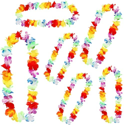 6 Stück Hawaii Deko,Hawaii Ketten,Blumenkette Set,Damen für Hawaiian Party Strand Dekorationen Zubehör,Hawaiianische Blume Kostüm Dekoration,Blumen Lei Luau Leis,Hawaiiketten für Kleid/Beach Party