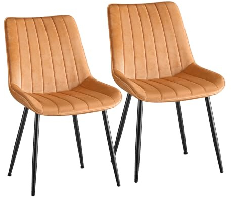 SONGMICS Esszimmerstuhl 2er Set, Polsterstuhl, Gebogene Rückenlehne | Küchenstuhl, Stahlbeine, bis 120 kg belastbar, karamellbraun-tintenschwarz, TYRA Kollektion LDC090K01