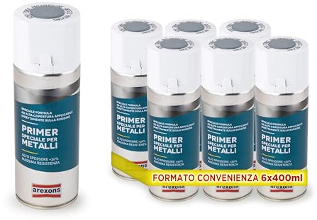 AREXONS Primer Spray Speciale per Metalli ad Alta Copertura, Fondo Acrilico al Alto Spessore e Rapida Essicazione, per Interni ed Esterni, Fondo Antiruggine, 6 x 400ml