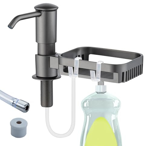 Seifenspender Küche, Spülmittelspender für Spülbecken mit Schwamm Organizer und 99 cm Verlängerungsschlauch, Dispenser Küch für Spülmittel Handseife Lotion, 360° Drehbarer Pumpe (Grau)