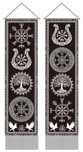 AHANDMAKER Wikinger Wandteppich, Baum des Lebens, Rune, vertikaler mystischer Wandteppich, 45,7 x 13 Zoll, 2 Stück