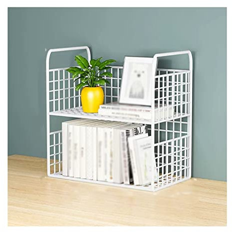 Bücherregal 2-stufiger weißer Schreibtisch-Organizer, Schreibtisch-Bücherregal mit Metallgitter-Design for Büro, Schreibtisch, Ausstellungsregal, Schreibtisch-Eck-Organizer und Aufbewahrung for Wohnhe
