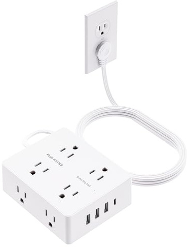 Surge Protector Power Strip, Olcorife 20ft Long Extension Cord with 8 Outlets 4 USB Ports(1 USB C), Flat Wall Plug Outlet Extender, College Dorm Room Essentials, White