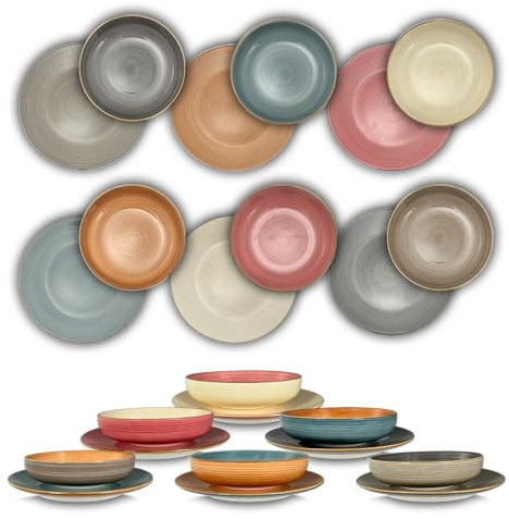 ARCA, Set 12 Piatti Coordinati Maya in Ceramica Decorata, Servizio per 6 Persone, con Piatti Fondi e Piani, Moderni e Colorati, Lavabili in Lavastoviglie