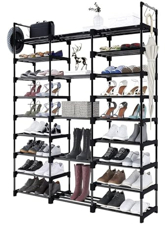 CELORVINI Scarpiera 9 Livelli Salvaspazio - Scaffale Portascarpe con Struttura Metallo per Ingresso/Corridoio - Ripiani in Tessuto Non Tessuto e Ganci, 127x28x157 cm - Nero