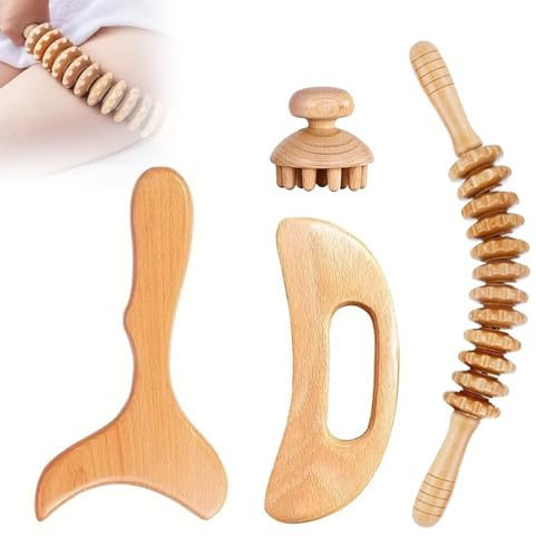 Faszienrolle Holz Massageroller mit Griff, Lymphdrainage Cellulite Massagegerät, 4PCS Maderotherapie Holz für Rücken, Nacken, Beine & Lymphdrainage, Massageroller zur Muskelentspannung