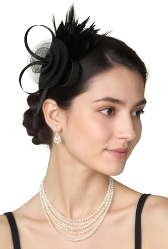 BABEYOND Fascinators Hats for Women - Tea Party Hats Kentucky Elegant Tulle Mesh Feather Bridal Wedding Headband Hair Clip Black