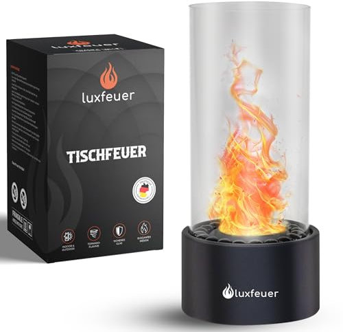 Luxfeuer Tischkamin Rund – Indoor & Outdoor Tischfeuer für Balkon, Terrasse & Garten – Deko Kamin mit Verstellbarer Flamme, 6h Brenndauer, Stilvolle Feuerschale für Romantisches Ambiente