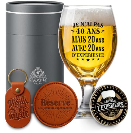 CROWNLY CRYSTAL® Cadeau Homme 40 Ans Verre À Biere Original Cadeau Grand Frère Collègue Decoration Anniversaire 40 Ans