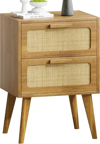 YAUKOMEL Rattan Nachttisch, Holz Beistelltisch mit 2 Hand Made Rattan dekoriert Schubladen, Boho Nachttisch, Beistelltisch Couch mit Lagerung, für Wohnzimmer, Schlafzimmer, Toffee-Holz,DECTG59T